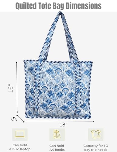 100% Cotton Quilted Tote Bag For Women (Filigree Summer Blue Block Print)