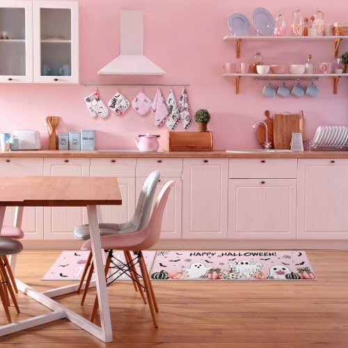 10 Pcs Halloween Kitchen Decor Pink Ghost Kitchen Rugs Set (Pink, White / Ghost)