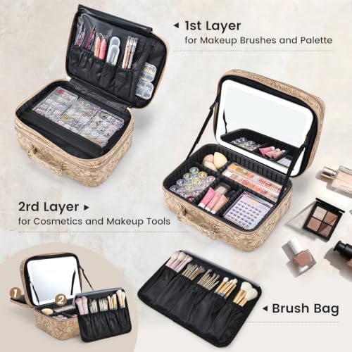 Makeup Bag with LED Lighted Mirror 12.2 IN Cosmetic Train Case Double Layer (12.2 Inch Khaki Floral / 0-Double Layer)