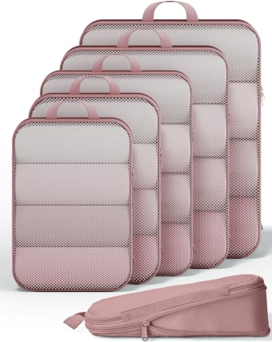6/9/11 Set Compression Packing Cubes for Travel Essentials,Compressible Expandable Luggage Suitcase Organizer Bags for Clothing,Space Saver Bags with Over 1000 pcs of Mesh Holes(Light Coral) (Light Coral / 6 set)