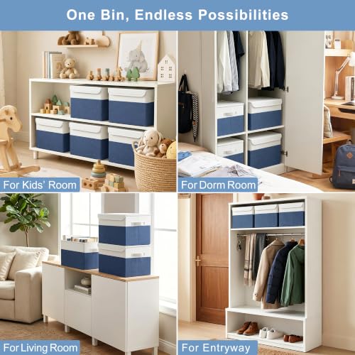Large 22 Quart Linen Fabric Foldable Storage Bin Cube Organizer Basket with Flip (Navy Blue & White / Medium - 4 Pack)