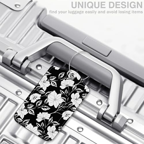 2 Pack Luggage Tags for Suitcases Black Flowers and Leaves Leather Luggage Tags Privacy Cover ID Label with Stainless Steel Loop and Address Card for Women Men Travel Bag Backpack (Black Flowers and Leaves)
