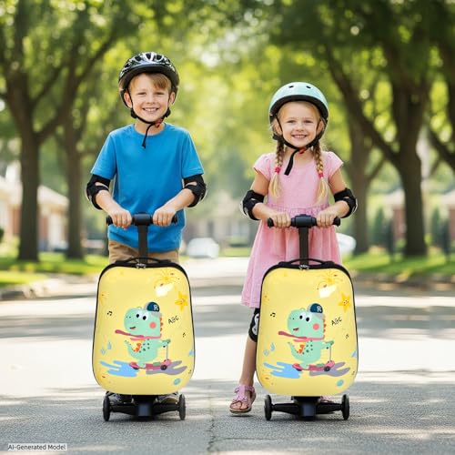 4-in-1 Dinosaur Scooter Luggage for Kids, Detachable Ride-On Suitcase (Yellow / 22-inch)