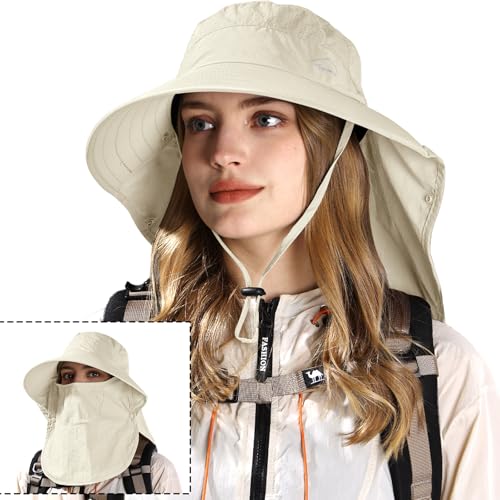 Sun Hat for Men Women with Neck Flap& Removable Face Cover Wide Brim (1pack-ivory)
