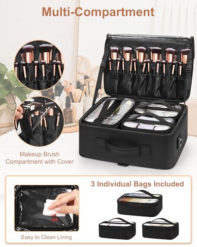 Large Makeup Bag with 3 Removable Pouches (Large / Black with 3 Clear Bags)