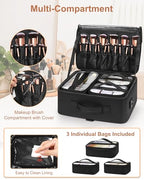 Large Makeup Case Travel Makeup Train Case Professional Makeup Artist Bag Portable Nail Organizer Box Art Supply Case with Adjustable Dividers (Black with 3 clear bags / Large)