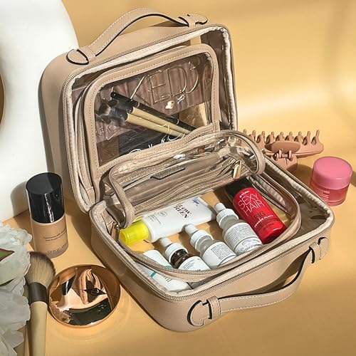 Clear Makeup Bag Toiletry Bag for Women Cosmetic Case Large Capacity Travel Make Up Bag Organizer Transparent Storage Compartment TSA Approved (BEIGE)