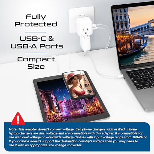 Chile, Rome, Italy Travel Plug Adapter Set, Chile plug adapter USB-USB-C 20W PD-QC 18W, 2 Outlet, US to Italy plug adapter for Lybia, Uruguay Includes Type C, L SWadAPt Attachments - PAK-IT (Paper White)