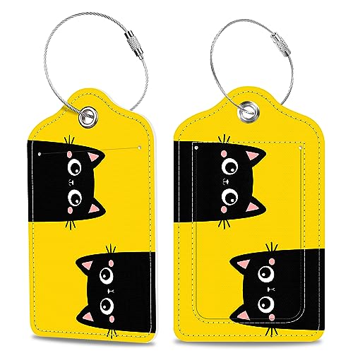 Set of 2 Luggage Tags Two Black Kitten Face Head Leather Suitcases Tag with Privacy Cover Stainless Steel Loop and Address Card for Women Men Travel (Two Black Kitten Face Head)