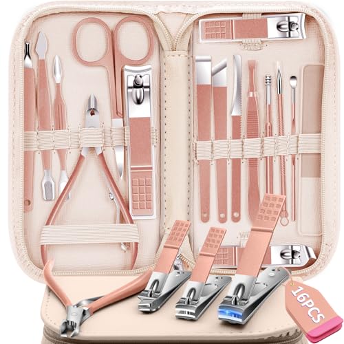 Manicure Set 16Pcs Professional Stainless Steel Pedicure Kit Mens Grooming Kit Fingernail & Toenail Clippers Set Manicure Kit with Luxurious Travel Bag (16Pcs-Pink)