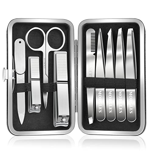 Tweezers Set for Men 9 Pcs Nail Clipper Kit with Case for Grooming (C-silver)