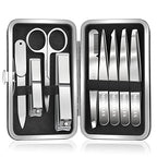 Tweezers Set for Men 9 Pcs Nail Clipper Kit with Case for Grooming (C-silver)