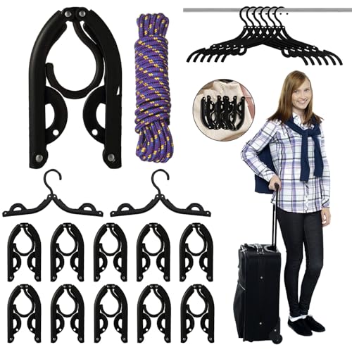24 Pcs Black Travel Hangers Foldable for Suitcase (24pcs Black With Clothline)