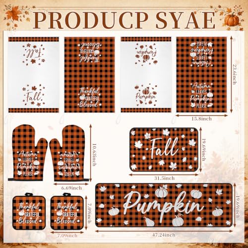 10 Pcs Fall Pumpkin Kitchen Decor Set Kitchen Towels Pot Holders Oven Mitts and Rugs Set Thanksgiving Towels for Baking Cooking BBQ Autumn Home (White, Orange / Checkered Pumpkin)