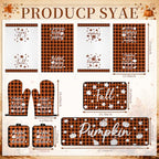 10 Pcs Fall Pumpkin Kitchen Decor Set Kitchen Towels Pot Holders Oven Mitts and Rugs Set Thanksgiving Towels for Baking Cooking BBQ Autumn Home (White, Orange / Checkered Pumpkin)