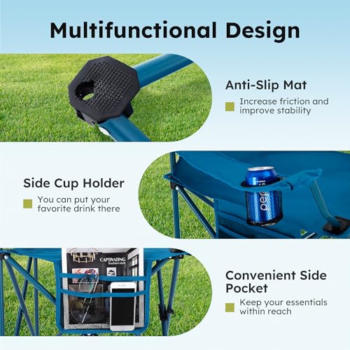 2 Pack Folding Camping Chair with Cooler Bag & Lumbar Support (Blue)