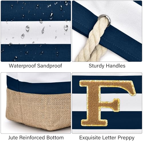 Beach Bag Initial Beach Tote with Makeup Bag for Travel Work Storage Personalized Birthday Gifts for Women Her (Dark Blue 2 Pcs / F)