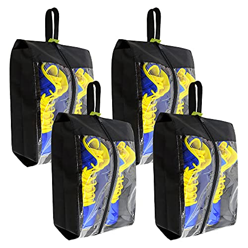 Black Transparent Shoe Bags 4 Pack for Travel with Handle as Packing Organizers for Suitcase and Luggage (Black-Transparent)
