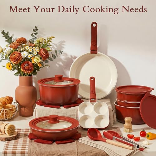 21PCS Pots and Pans Set Nonstick Cookware Set with Detachable Handle (Red Black Gradient / 21PCS)