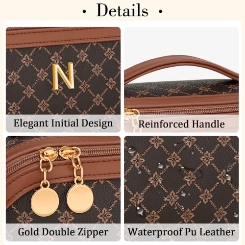 Initial Makeup Bag Personalized Gift for Women Teen Girls (Coffee / N)