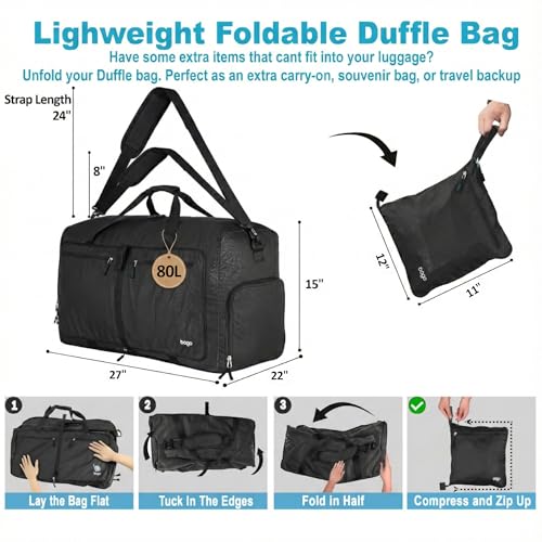Travel Duffle Bag for Women & Men. Duffel Bag for Traveling & Camping (80L / All Black)