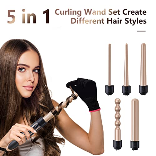 Curling Wand 5 in 1 Hair Curlers Iron Set with 5 Interchangeable Ceramic Tourmaline Barrel for Long Short Hair Styles Curling Irons Set Fast Heating Hair Cripmer for Women Gift (Champagne Gold)