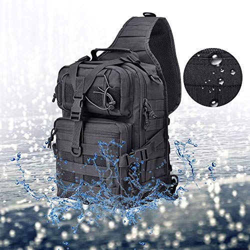 Tactical Sling Bag Pack Military Assault Rucksack Shoulder Bag Backpack Chest Pack Handbag Waterproof for Travel Hiking Camping Trekking Exploring Fishing Hunting (Pythons Grain Black)