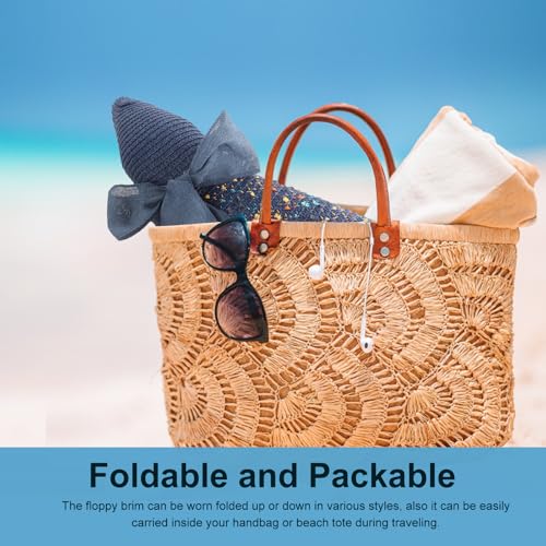 Womens Big Bowknot Straw Hat Foldable Sun Hats Floppy Beach Hat Large Roll up Cap UPF 50+ (Pied Navy Blue / 5.3" Brim, 1 Pack)