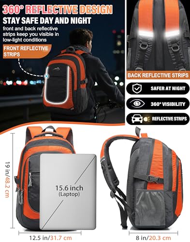 Backpack Bookbag for College Sturdy Travel Business Hiking Fit Laptop Up to 15.6 Inch Multi Compartment Gifts for Men Women Night Light Reflective (15.6 Inch / Orange)