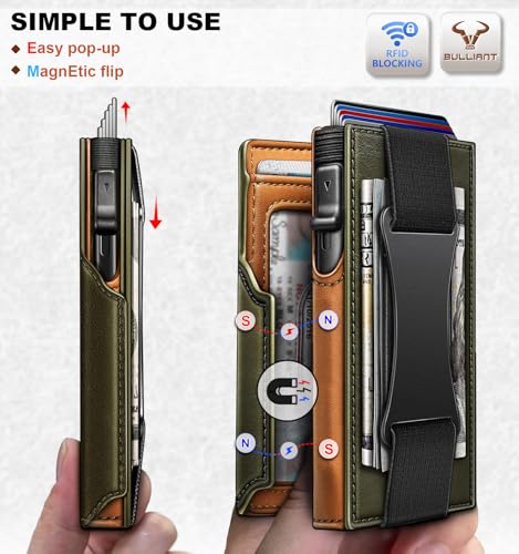 Men Slim Leather Wallet Metal Case Money Clip (Olive3853)