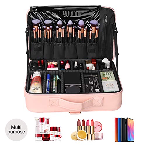 Makeup Case Large Makeup Bag Professional Train Case 16.5 inches Travel Cosmetic Organizer Brush Holder Waterproof Makeup Artist Storage Box (Large / Pink)