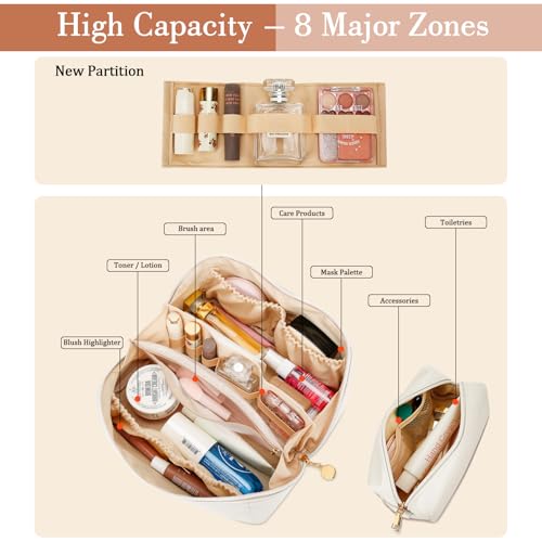 Initial Makeup Bag Personalized Gift for Women Teen Girls (Large Beige / F)