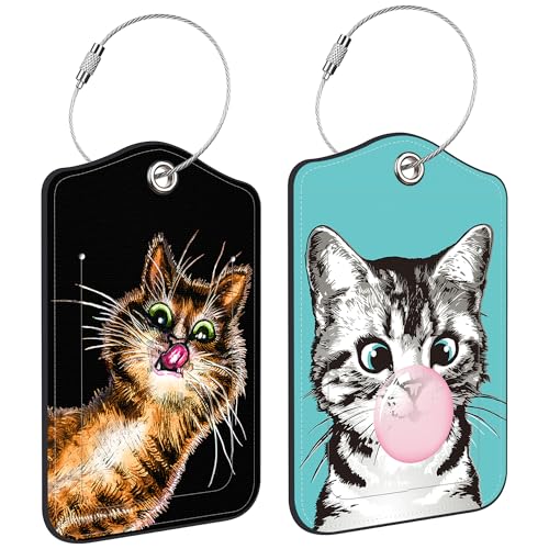 2 Pack Luggage Tags for Suitcases Travel Bag with Name Label Stainless Loop (Cute Cat)