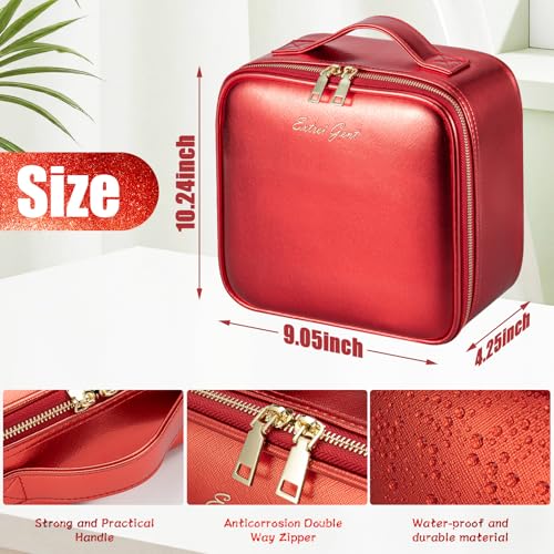 Makeup Travel Train Case with Mirror LED Light 3 Adjustable Brightness Large Cosmetic Bag Portable Storage Adjustable Partition Waterproof Brushes Make up Jewelry Gift for Women (Red)