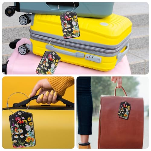 2 Pcs Luggage Tags for Suitcases Black Cat PU Leather Luggage Tag with Privacy Cover Label Address Card and Durable Metal Ring Suitable for Travel Suitcase Bag Handbags Backpacks (Black Cat Flower)