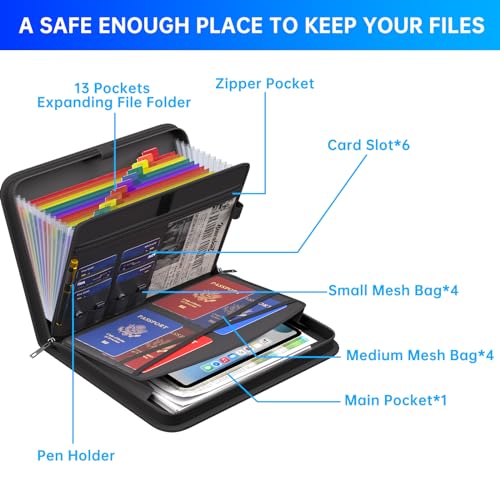 Accordion File Organizer (Black / 14.2" x 10.4" x 2",Colorful)