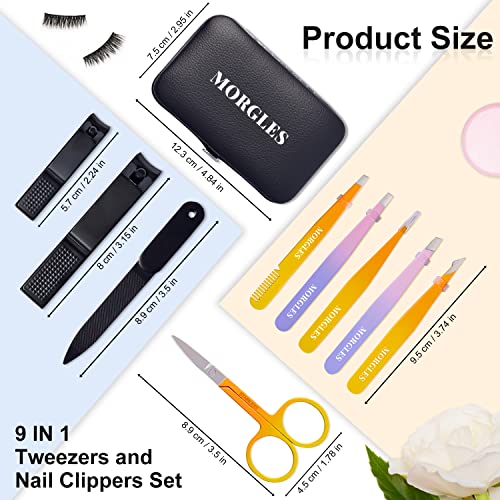 Tweezers Set 9 Pcs Colorful Nail Clipper Kit with Case for Grooming (A-multicolored)