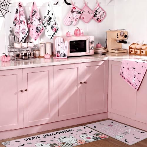 10 Pcs Halloween Kitchen Decor Pink Ghost Kitchen Rugs Set (Pink, White / Ghost)