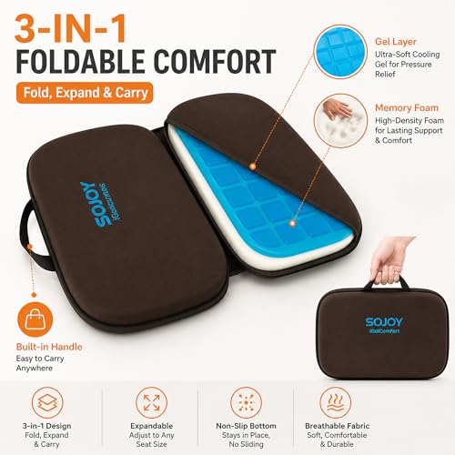 3-in-1 Foldable Gel Seat Cushion with Memory Foam Ergonomic Portable Cushion for Back Pain & Tailbone Relief - Perfect for Office Chair, Airplane Travel & Stadium Seats (18.5" x 15" x 2" Brown) (Brown)