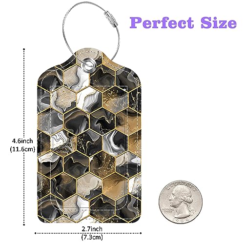 Gold Ink Hexagon Texture Luggage Tags 2PCS PU Leather Suitcases Tag with Stainless Steel Loop and Privacy Name Address Cover Label Card for Women Men Travel (Gold Ink Hexagon Texture)