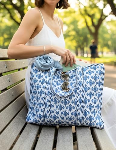 100% Cotton Quilted Tote Bag For Women (Jordy Blue Floral Print)