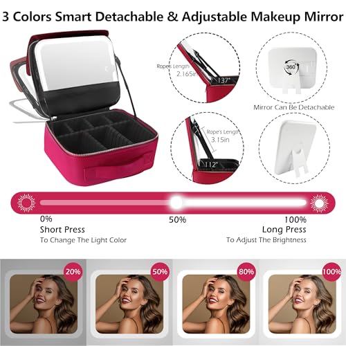Travel Makeup Bag Cosmetic Bag Makeup Organizer Bag with Lighted Mirror (Rose Red / Woven)