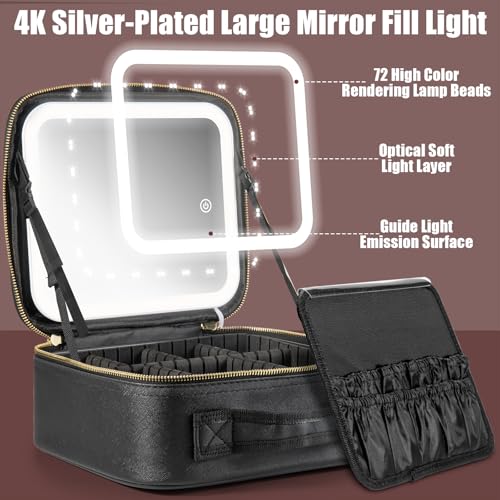 Makeup Travel Train Case with Mirror LED Light 3 Adjustable Brightness Large Cosmetic Bag Portable Storage Adjustable Partition Waterproof Makeup Brushes Make up Jewelry Gift for Women (Black)