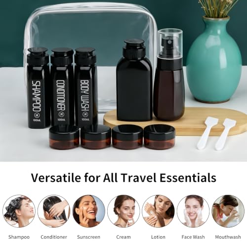 Travel Bottles for Toiletries 10PCS 100ml (A-3.4oz-Black-3label1blank / Black)