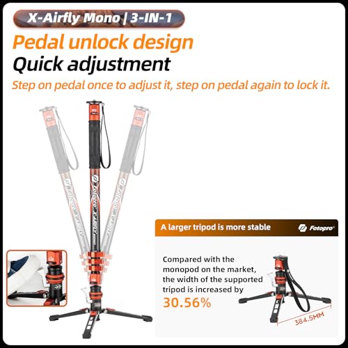 73" 3-in-1 Carbon Fiber Monopod with Pedal, Carbon Fiber Travel Monopod with Feet Max Load 22lbs for DSLR Camera Stabilizer Videography Kit, X-Airfly Mono Orange (Orange)