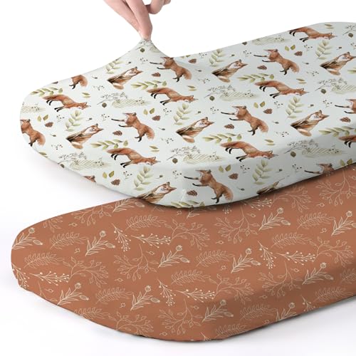 Stretch Fitted Bassinet Sheet Set BROLEX 2 Pack Cradle Sheets for Bassinet Pad (Fox Foliage / 32x16 Inch)
