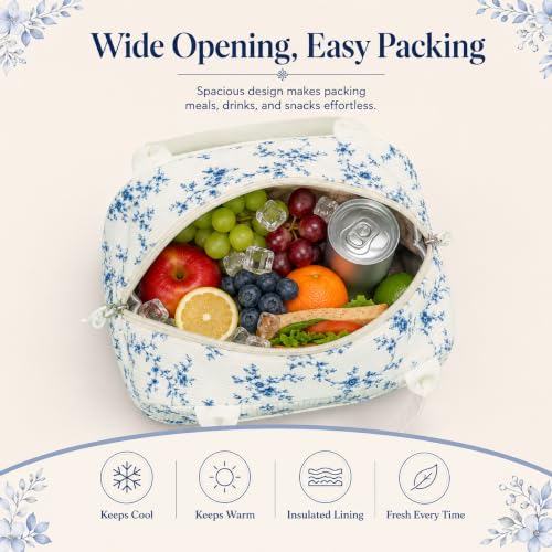 Lunch Bag for Women Cute Corduroy Lunch Tote Bags with Shoulder Strap Reusable Insulated Lunch Box Large Capacity Reusable Insulated Cooler for Work Picnic or Travel (Blue Floral 293 / 10L)