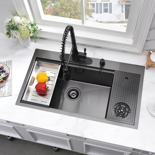 33x19 Black Drop In Kitchen Sink with Cup Washer Workstation Sink (33"L x 19"W x 10"D / Black( Glass Rinser))
