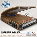 Men Slim Magnetic Leather Wallet Metal Case Money Clip 9 Cards (Tiger Eye-4339)