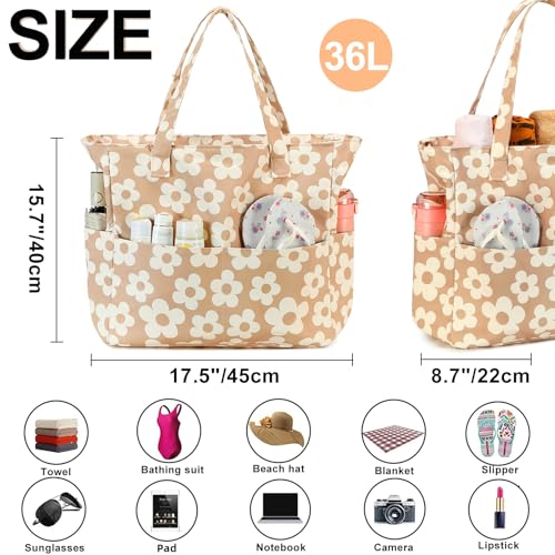 Beach Pool Bags Tote for Women Ladies Large Gym Tote Carry On Bag With Wet Compartment for Weekender Travel Waterproof (Beige Flower 157)